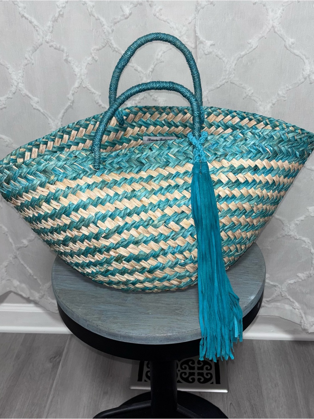 NWT Tommy Bahama Bora Bora Straw Tote in Aqua and Natural